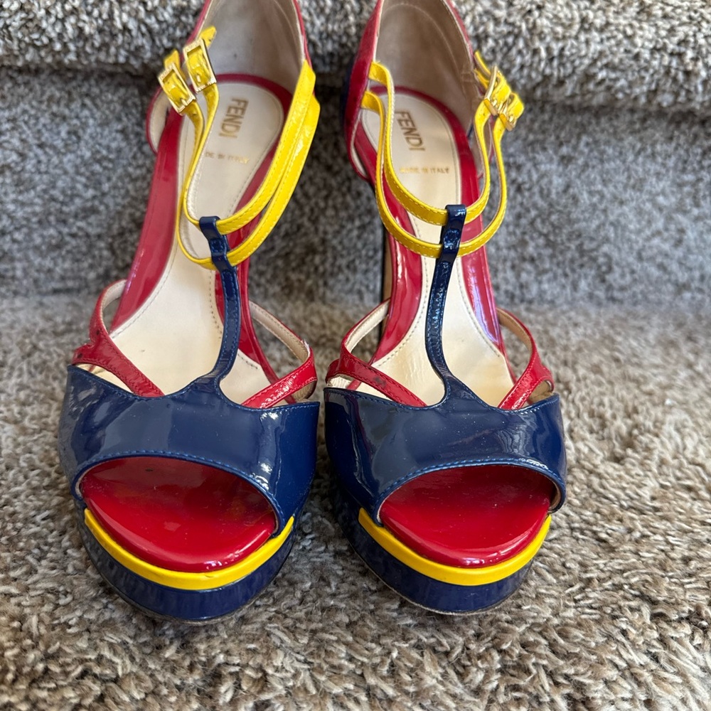 Fendi Women’s Red, Yellow, and Blue Patent Leather Heels